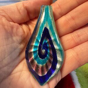 Murano Style Art Glass Pendant Teardrop Swirl | Blue Green Copper Glass Jewelry